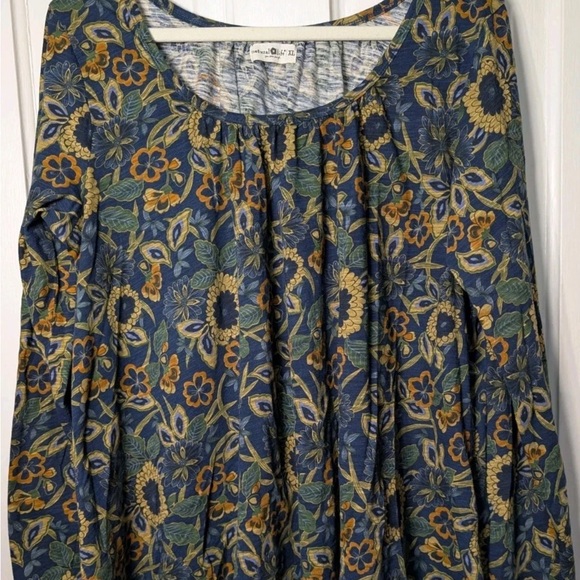 discontinued NATURAL LIFE Iris cotton Navy Tan Dahlias Floral Blouse XL - Picture 2 of 5